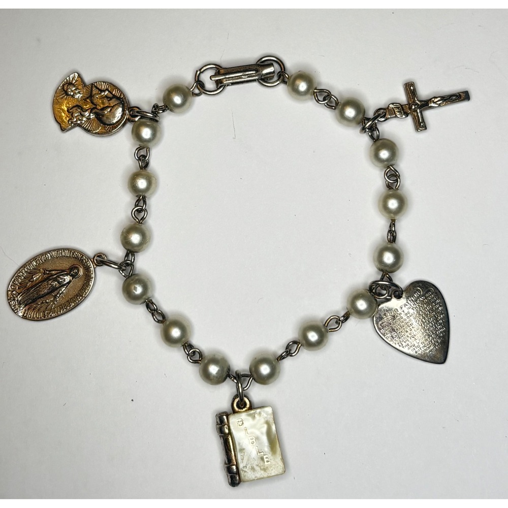 Vintage Religious Charm Bracelet Faux Pearl Bible Cross Miraculous Medal Heart